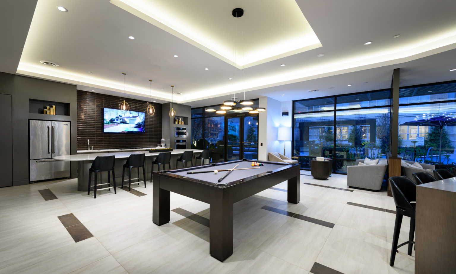 Community clubroom at The Point at Exton with pool table