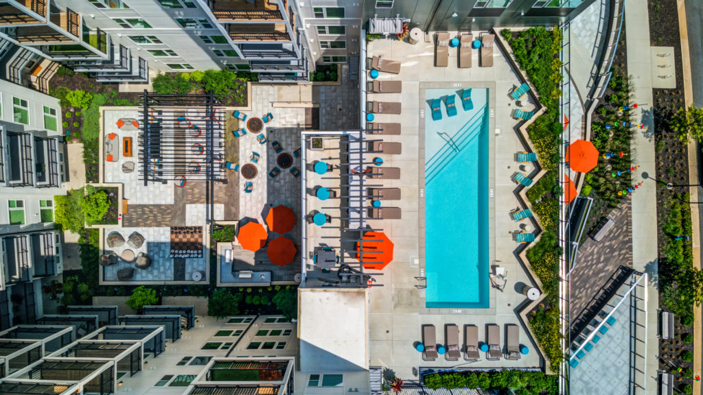 Aerial view of pool and courtyard at The Point at Reston