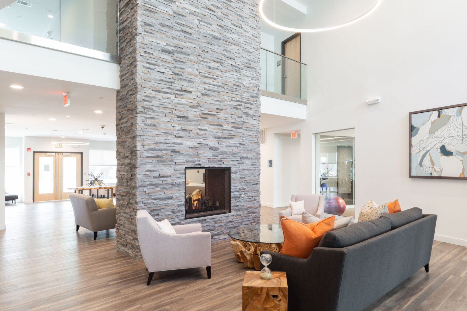 Seating and fireplace at The Point at Sharon